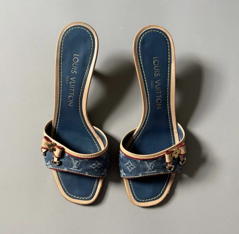 Louis Vuitton Vintage Monogram Denim Leather Mules Kitten Heels Size EU 36